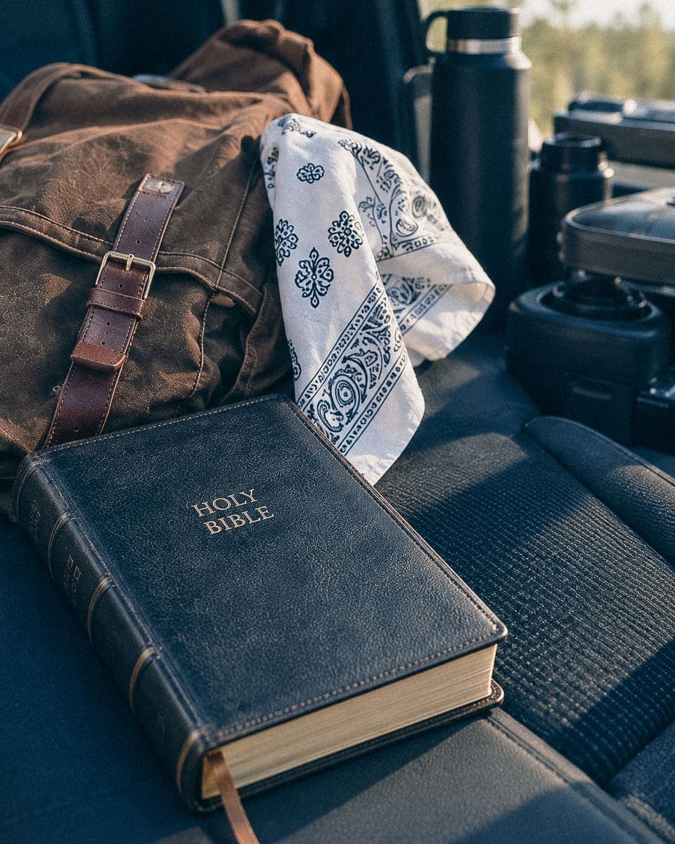 A Bible packed beside a canvas bag, ready for the journey.