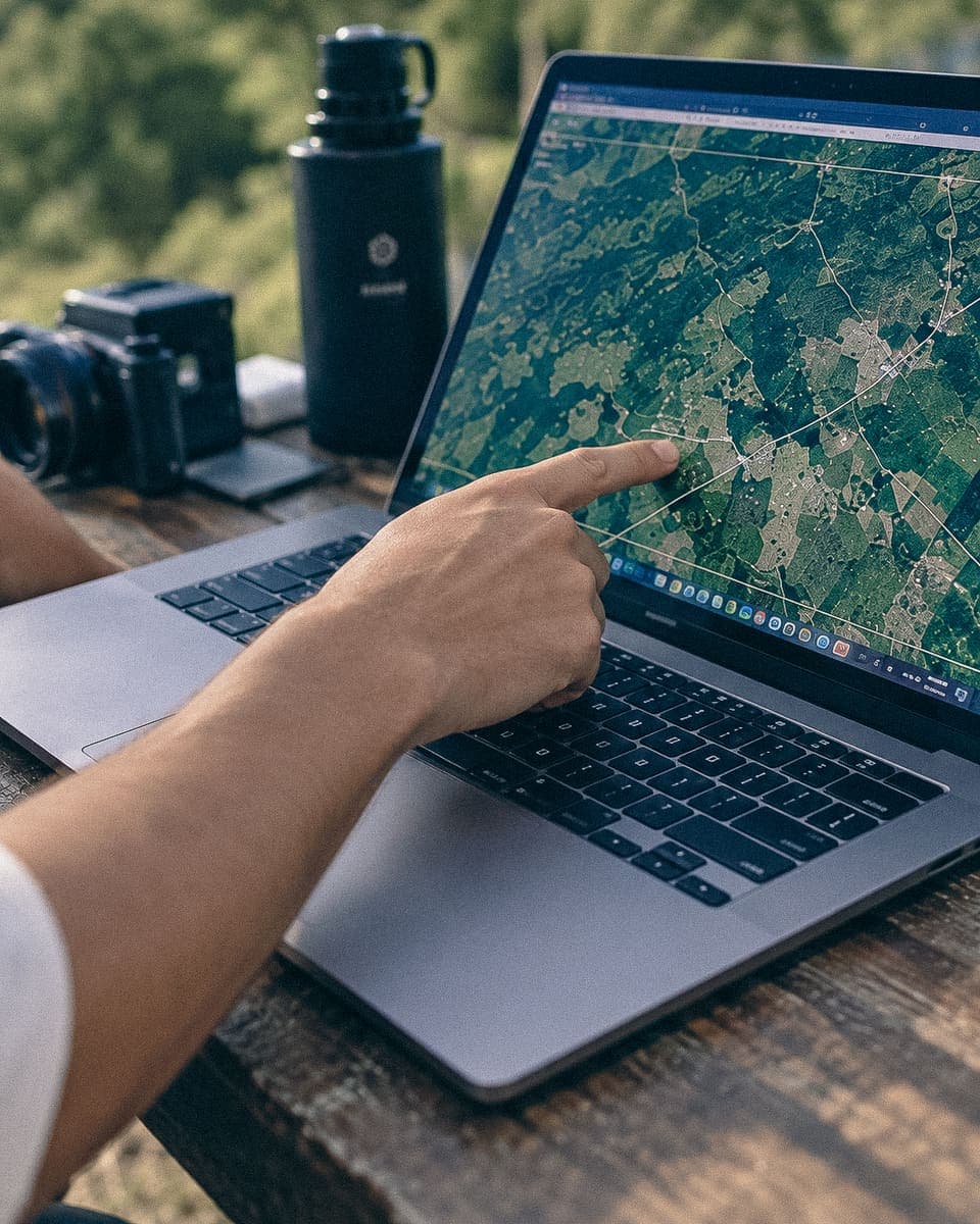 A person pointing at a satellite map of rural land on a laptop while planning outdoors.