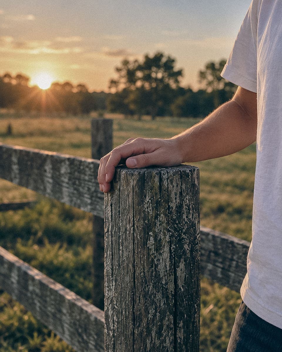 A hand resting on a weathered fence post at sunset over open pasture.